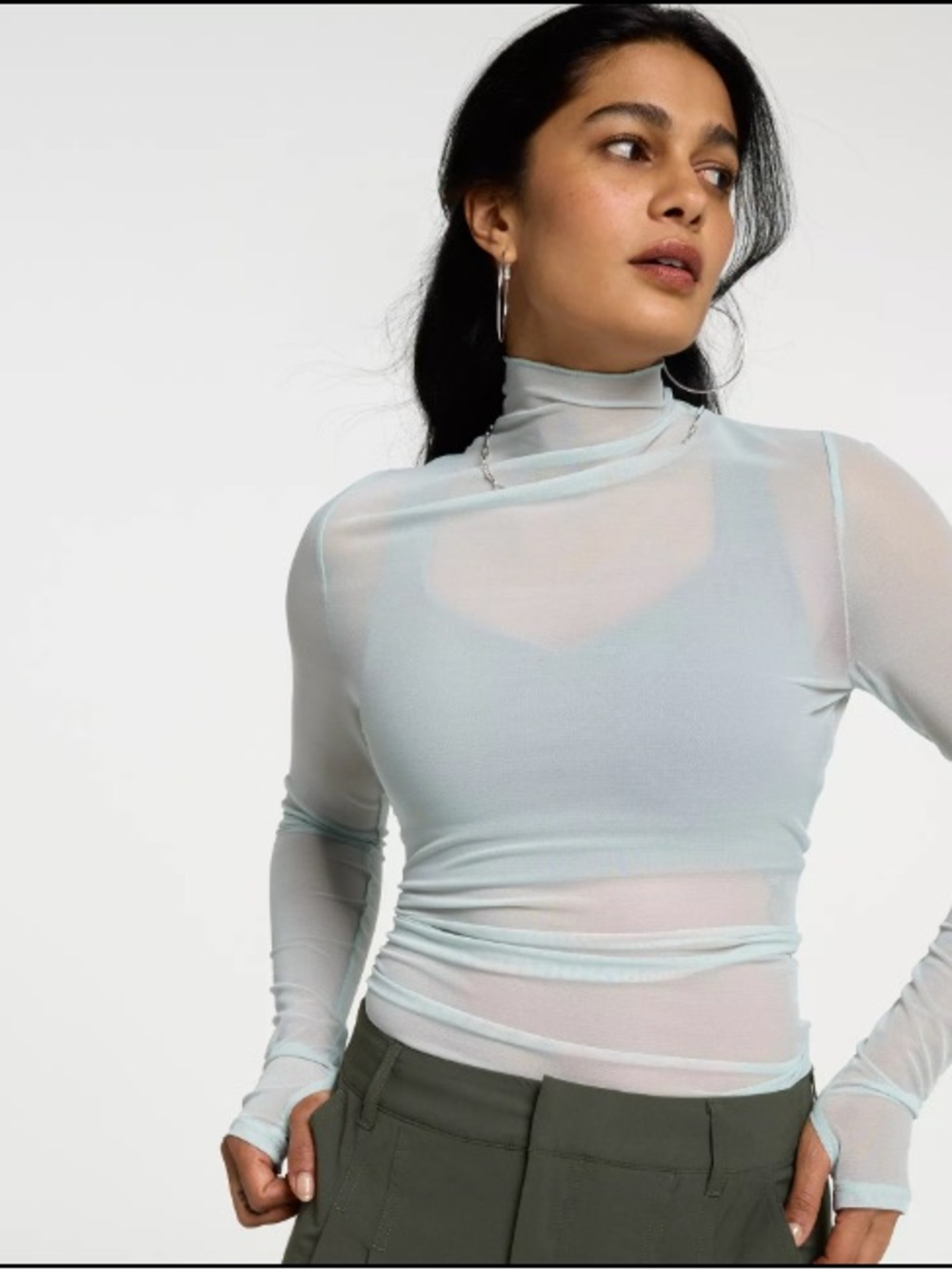CALIA by Carrie Underwood Sheer Mock Neck Long-Sleeve Top in Pale Blue